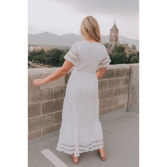 One Loved Babe boutique brand Shall We Dance smocked short sleeves maxi dress M - Picture 2 of 9